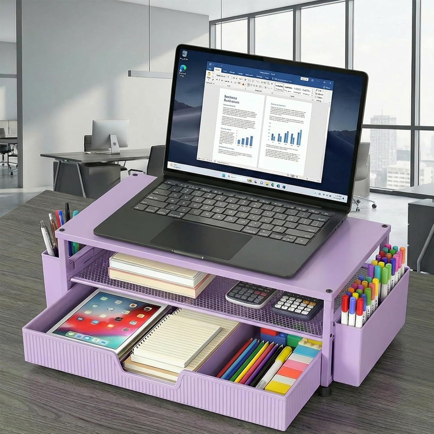 ECOLOVI Desk Organizer and Accessories, 2-Tier Computer Monitor Stand Rise with Storage Drawer & 2 Pen Holders, Laptop & Printer Stand for Desktop, Workspace Organizers for Office Supplies (Blue)