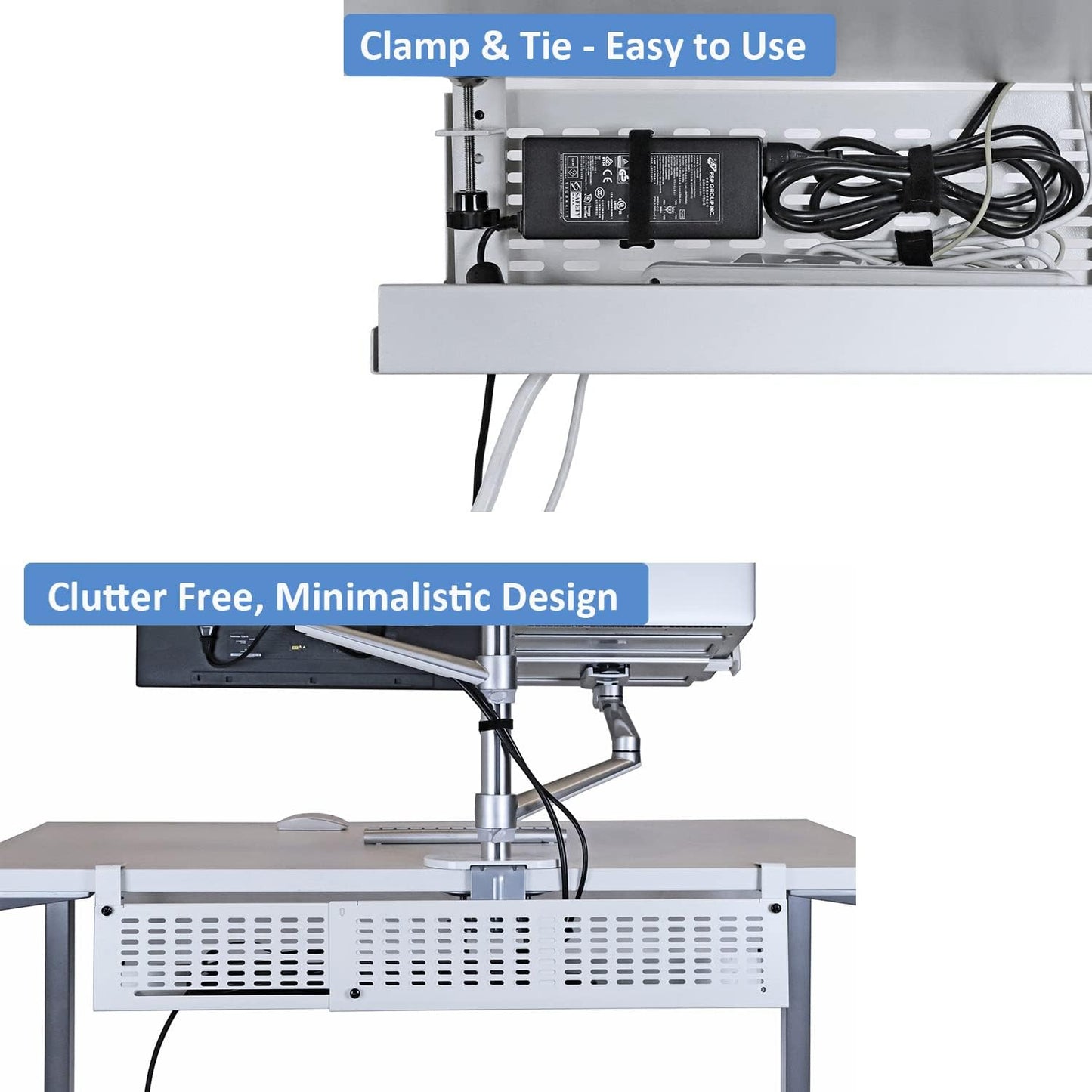 AEONS Under Desk Cable Management Tray Kit - Horizontal Adjustable up to 41” Removable C Clamp Mount Reversible Computer Cord Raceway and Modesty Panel for Large Table, Black