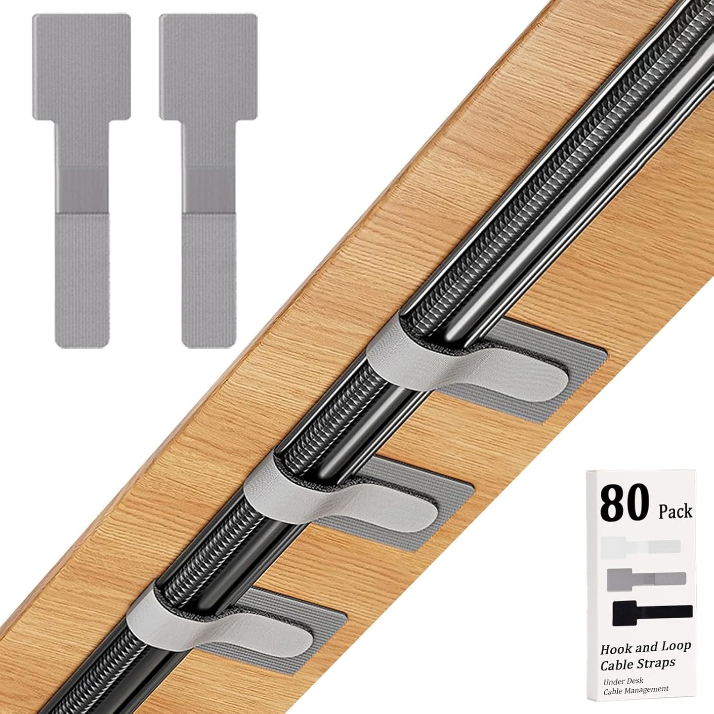 80PCS Hook and Loop Cable Straps, Cable Management Under Desk, Adhesive Cable Ties, Reusable Wire Organizers for Cords, Cords Management, Computer Accessories for Desk, Home Office Essentials, Black