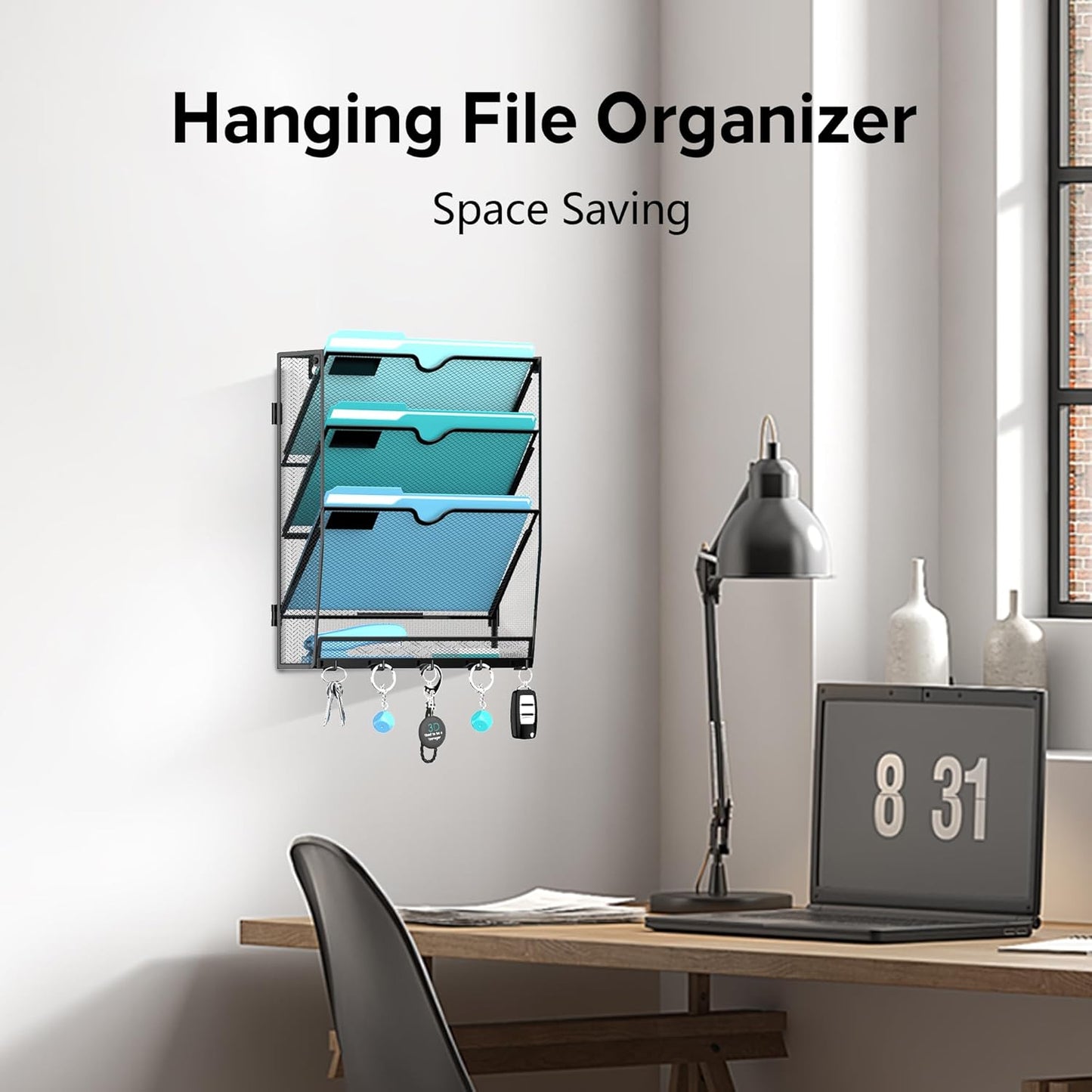 5 Tier Wall File Organizer - Hanging File Organizer with 5 Hooks, Mail Holder Wall Mounted for Papers, Folders, Magazines, Bills, Office&School Organization, Black