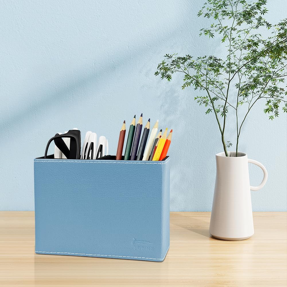 Leather Pen Holder, Brown Pencil Holder, Desktop Elegant Pen Holder for Desk, Stationery Organizer for School Office Home Dorm (3.3" x 3.3" x 4", Brown)
