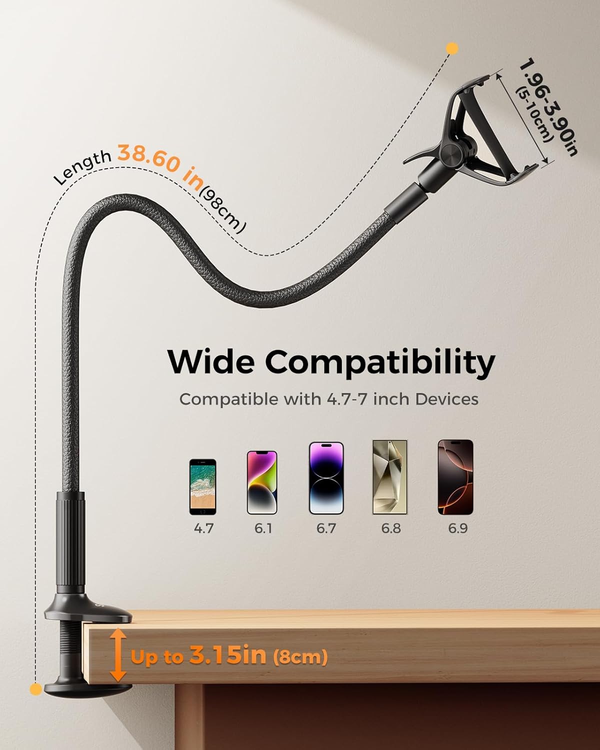 SAIJI Gooseneck Bed Phone Holder, Flexible Long Arm Phone Mount for Desk, Clip Bracket Clamp Stand, iPhone Stand, Mobile Cell Phone Stand Document Camera Nintendo Switch (Black)