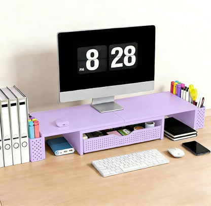 Spacrea Metal Desk Organizers and Accessories, Dual Monitor Stand Riser with Drawer and 2 Pen Holders, Book Racks, Desk Accessories & Workspace Desktop Organizers for Office Supplies (Black)