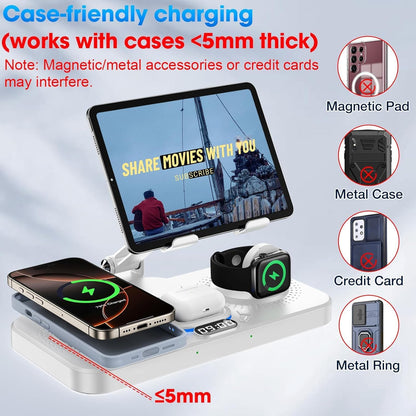 6 in 1 Wireless Charger for Apple Device, 30W Foldable Wired Charging for ipad with Clock & 7 Color Ambient Light, Nightstand Charger Station for iPhone 17/16/15/iWatch Series/AirPods 4/Pro 3(Purple)