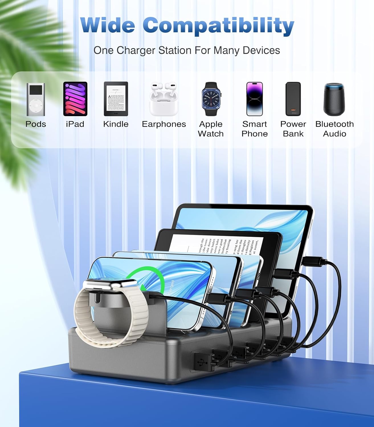 CREATIVE DESIGN Charging Station for Multiple Devices, 50W 6 Ports Charging Dock with 6 Cables Compatible with Cellphone,Tablet, Kindle, Apple Watch and Other Electronic