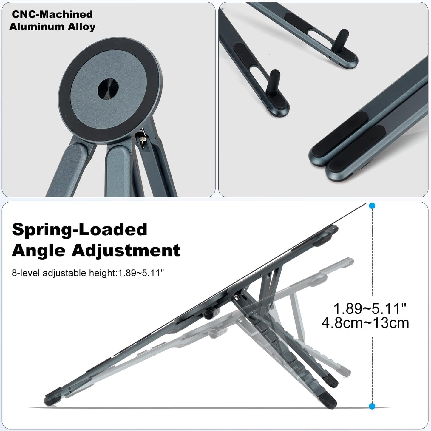 koolehaoda Portable Laptop Stand for Desk & Travel, CNC Aluminum Foldable Computer Riser Magnetic Grip Multi-Angle Support Stand for MagSafe,MacBook,iPhone,iPad, 4–16" Phones,Tablets and Laptops