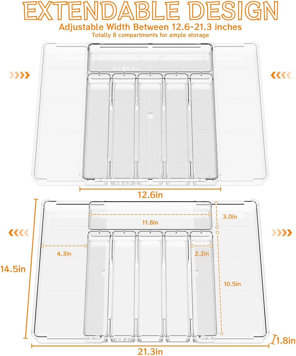 Yieach Clear Expandable Silverware Drawer Organizer - Adjust From 11'' to 22'' - Knife,Cutlery,Spoons and Forks Organizer,Large 8 Grid Flatware,Silverware Tray,Utensil Organizer for Kitchen Drawers