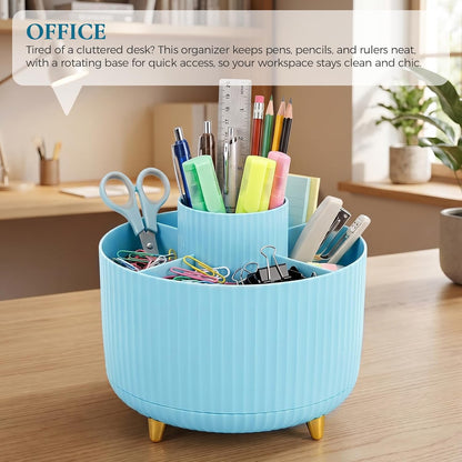 KONVINIT Pencil Pen Holder for Desk, 5 Slots 360 - Degree Rotating Desktop Organizer, Cute Desk Organizers and Accessories for School, Home, Office and Art Supply, Beige