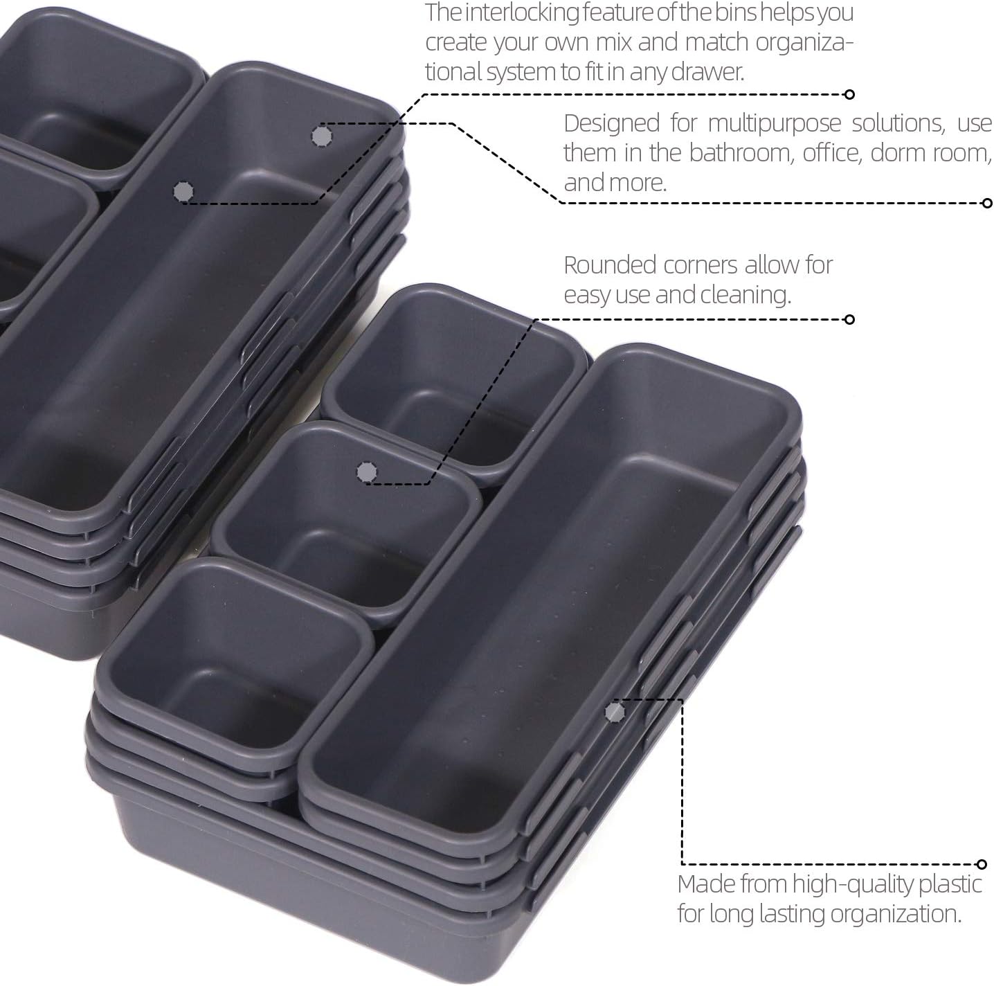 TENABORT 42 Pack Interlocking Desk Drawer Organizer Tray Dividers Plastic Shallow Narrow Drawers Organizers Separators Storage Bins Container for Kitchen Bathroom Makeup Office Vanity Dresser