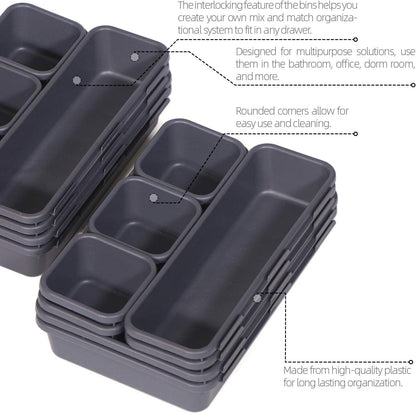 TENABORT 42 Pack Interlocking Desk Drawer Organizer Tray Dividers Plastic Shallow Narrow Drawers Organizers Separators Storage Bins Container for Kitchen Bathroom Makeup Office Vanity Dresser