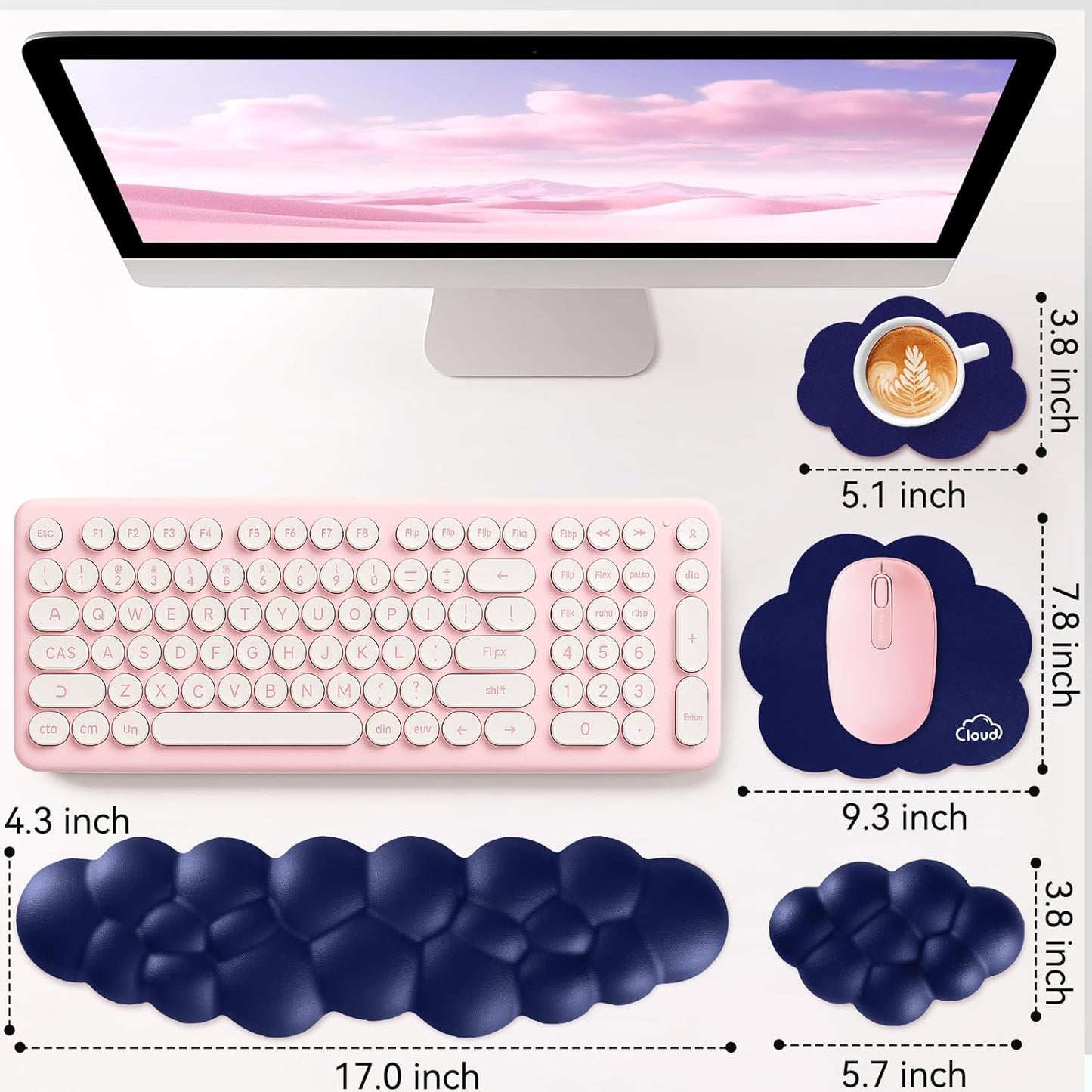 Sushret Cloud Wrist Rest for Computer Keyboard, 4-in-1 Memory Foam Leather Cloud Keyboard Wrist Rest and Mouse Pad Set with Ergonomic Support for Arm and Palm Cushion, Gaming/Work Setup, Rainbow