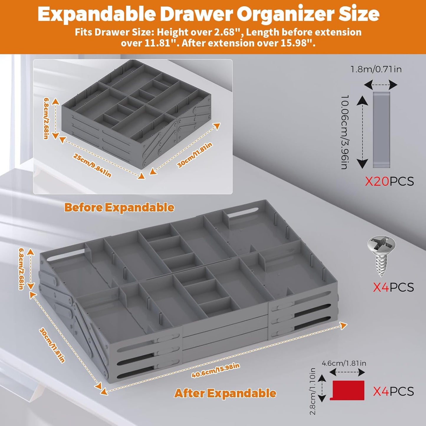 3 Tier Drawer Organizer - Expandable Junk Drawer Organizers Smart Office Supply Organizer, Folding Drawer Storage Multi-level Desk Organizer for Makeup,Jewelry,Cosmetics,Kitchen Storage (1 Row 3 Tier)