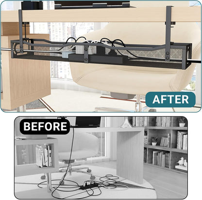 Cable Management Under Desk, 25.3'' No Drill Desk Cable Management Tray with Clamp, Metal Cord Organizer for Standing Desk, Computer Wire Management for Home Office & Gaming Setup, Black
