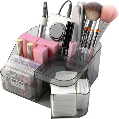 BQAN Transparent Acrylic Nail Desk Organizer with Spinning Drawer, Drill & Brush Holder, Desktop Manicure Tool Storage for Nail Techs, Makeup, Skin Care (Black) - Professional Salon or Home Use
