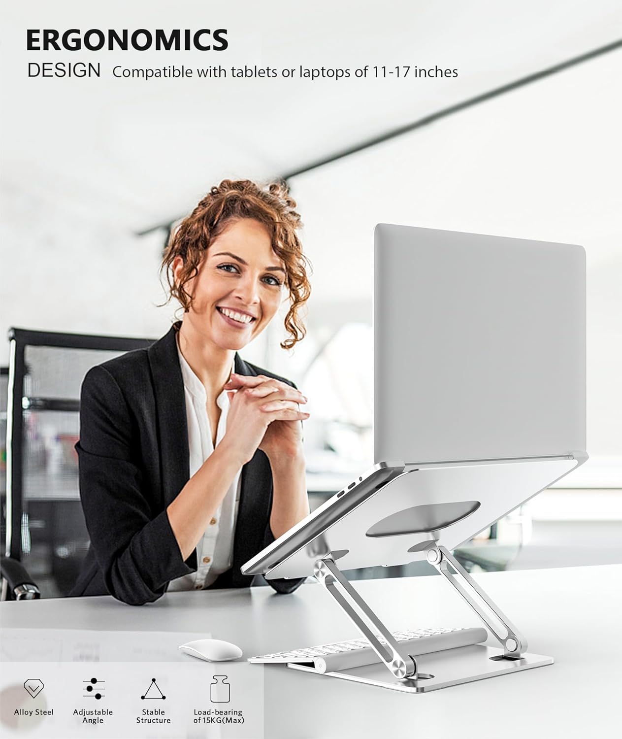BoYata Laptop Stand, Adjustable Multi-Angle Laptop Holder, Compatible for Laptops up to 17 inches, Sturdy Aluminum & Silicone, Silver
