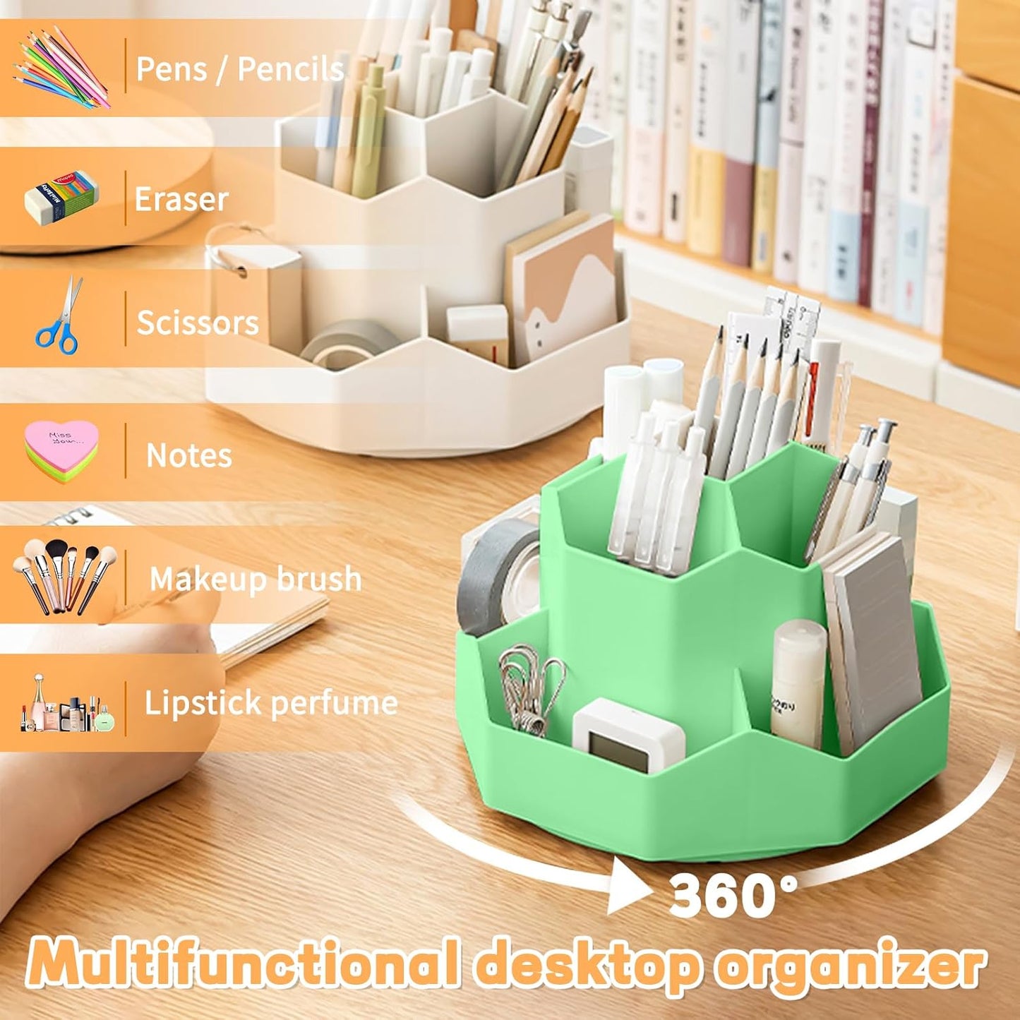 Cayxenful Pencil Pen Holder for Desk,9 Slots 360 Degree Rotating Desk Organizers,Desktop Storage Stationery Supplies Organizer, Cute Pencil Cup Pot For Office, School, Home(White)
