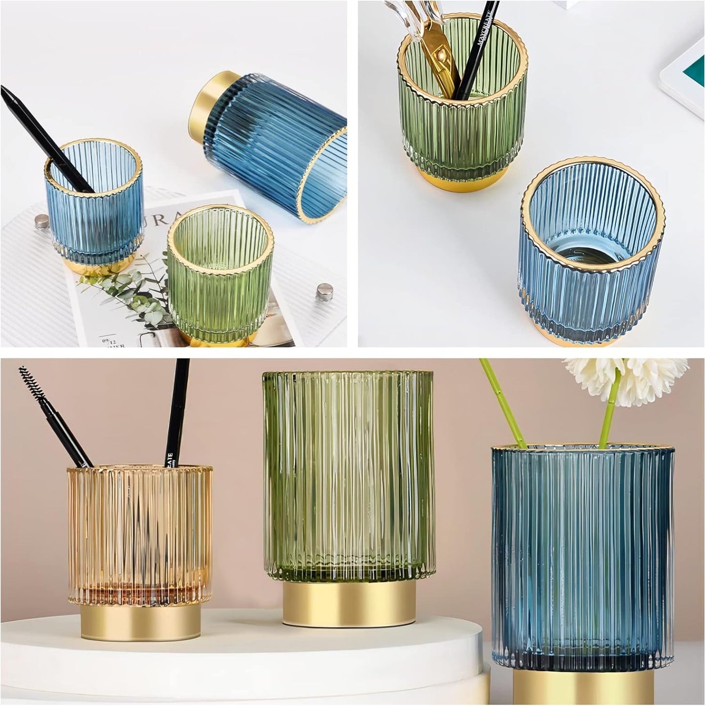 DASITON Makeup Brush holder Organizer,Crystal Cosmetic Makeup Brush Glass Brushes Storage Holder, Vintage Make Up Brush Cup Pen Pencil Holder striped vase(Coffee S)