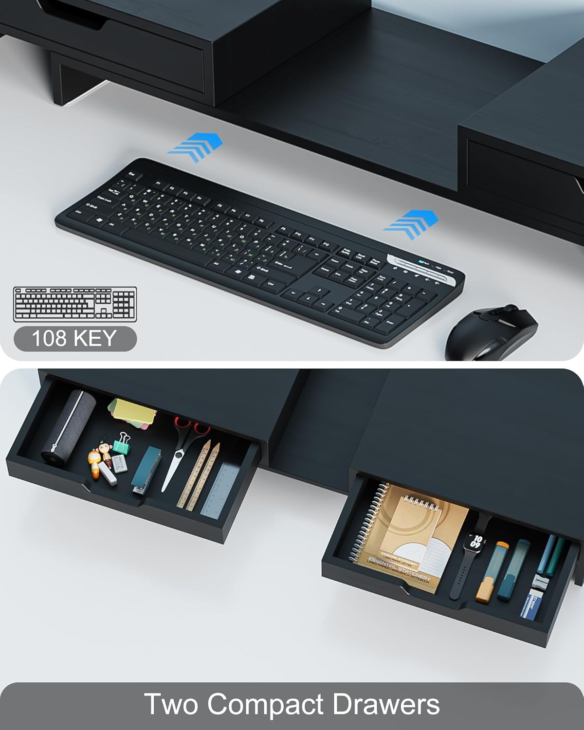 Epesoware Dual Monitor Riser with Two Drawers for Desk, Bamboo Monitor Stand Riser with Storage, Desk Shelf for Computer, IMac & Laptop, No Assembly Required, Black