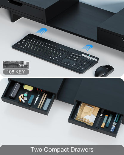 Epesoware Dual Monitor Riser with Two Drawers for Desk, Bamboo Monitor Stand Riser with Storage, Desk Shelf for Computer, IMac & Laptop, No Assembly Required, Black
