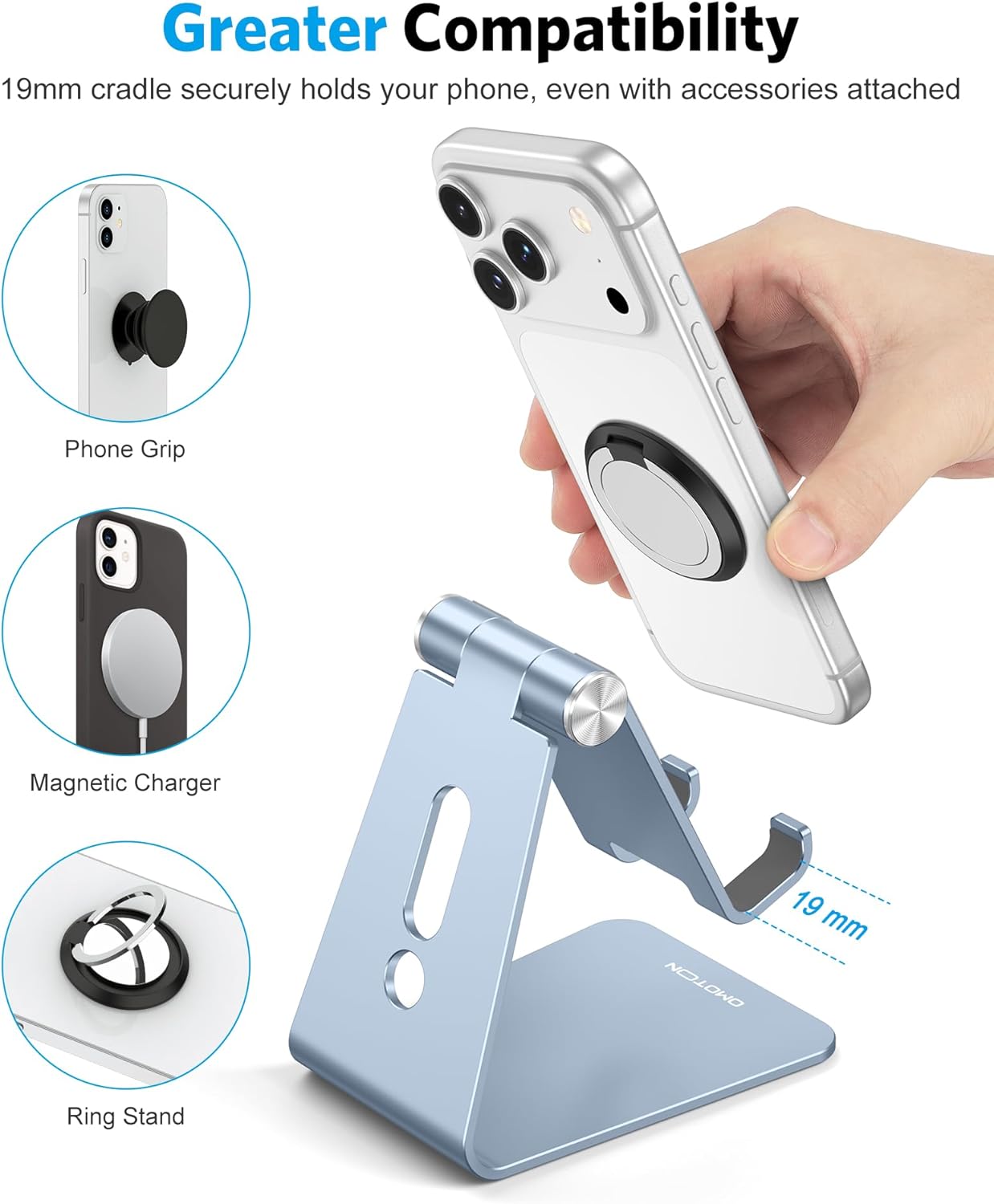 Adjustable Cell Phone Stand, OMOTON Aluminum Desktop Cellphone Stand with Anti-Slip Base and Convenient Charging Port, Fits All Smart Phones, Silver