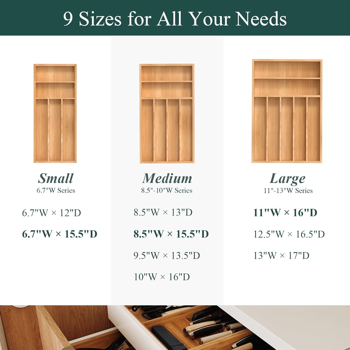 Small Silverware Organizer, Bamboo Kitchen Drawer Organizer, Utensil Holder, Cutlery Tray & Spoon Flatware Storage with Grooved Drawer Dividers (6.7''W x 12''D)