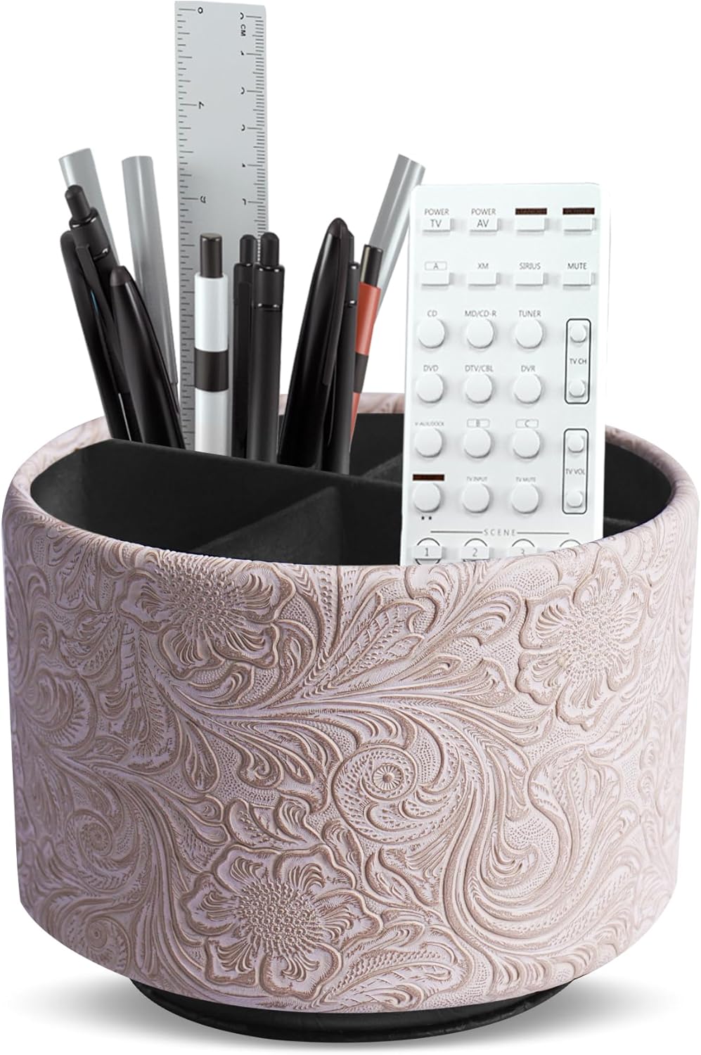 lizimandu Round Leather Art Supply Organizer,Remote Control Holder,360 Degree Spinning,Multi-Functional Pencil Holder,4 Compartments Desktop Stationary Organizer(1-Gold) - Colors A