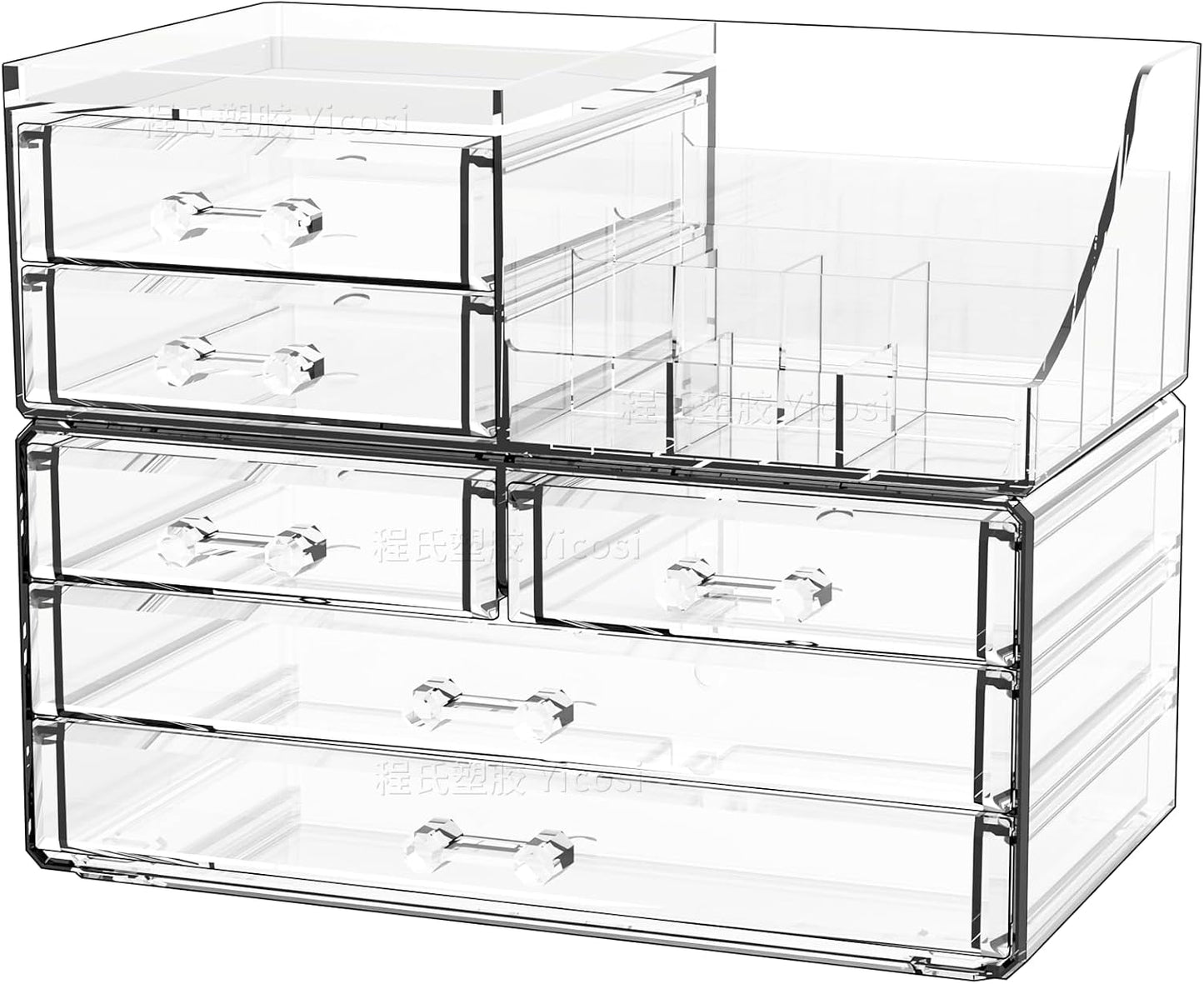 Cq acrylic Make Up Organizers for Vanity With 14 Drawers, 4 Pack Clear Drawer Organizers,Plastic Cute Desk Accessories Organization and Bathroom Organizers Storage Case Box Cube for Beauty,Skin Care