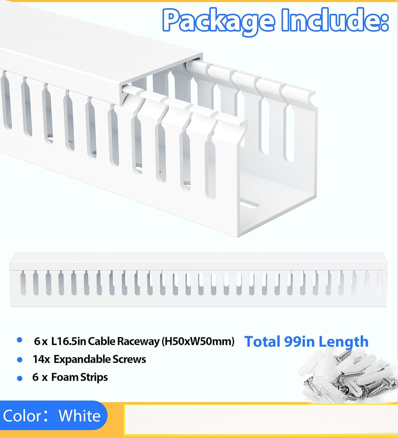 ZhiYo 2 x 2in Professional Server Rack Cable Management Raceway, 99in (6X L16.5in) Cable Raceway Kit, Electrically Safe PVC Open Slot Wire Raceway for Under Desk/Computer/Network Cords, Black