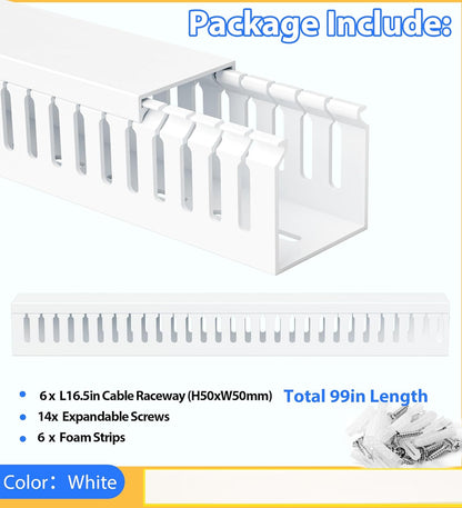 ZhiYo 2 x 2in Professional Server Rack Cable Management Raceway, 99in (6X L16.5in) Cable Raceway Kit, Electrically Safe PVC Open Slot Wire Raceway for Under Desk/Computer/Network Cords, Black