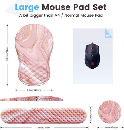 HAOCOO Keyboard Wrist Rest, Ergonomic Mouse Pad with Wrist Rest, 3 in 1 Keyboard and Mouse pad with Coaster Set, Memory Foam Wrist Support, Non-Slip PU Base for Home Office, Rose Gold Pink