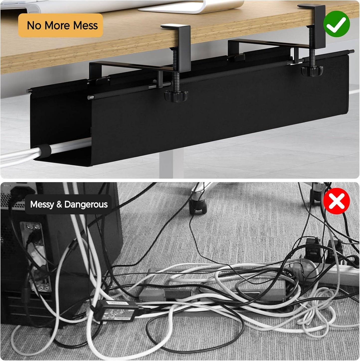 Under Desk Cable Management Tray 27.2" - No Drill Computer Wire Organizer Cable Tray, Cord Hider Clamp Mount with 16X Cable Ties PC Cables Management Cord Holder for Office/Home (Upgrade Fabric,White)