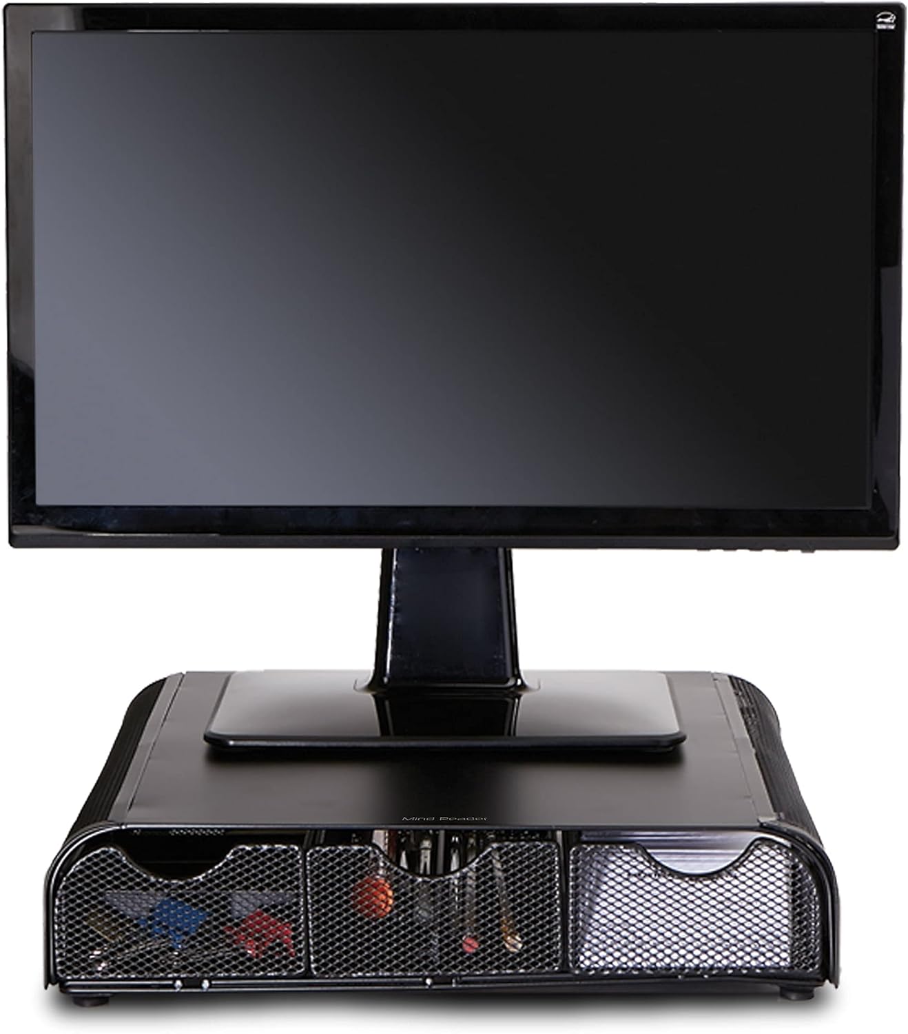 Mind Reader Monitor Stand, Ventilated Laptop Riser, Desktop Organizer, Storage, Metal Mesh, 13.25"L x 12.5"W x 3"H, Black