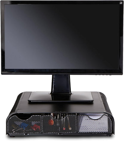 Mind Reader Monitor Stand, Ventilated Laptop Riser, Desktop Organizer, Storage, Metal Mesh, 13.25"L x 12.5"W x 3"H, Black