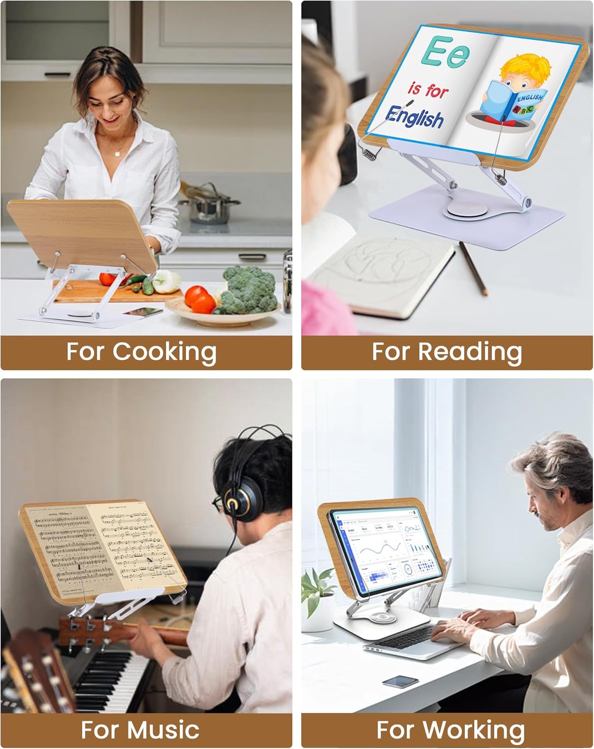 ASIEIT Desk Clamp Book Stand, Aluminum Book Holder Adjustable Height & Angle, Cookbook Stand for Kitchen, Recipe Book Holder with 360° Swivel Base, Book Stand for Reading, Office, Laptop