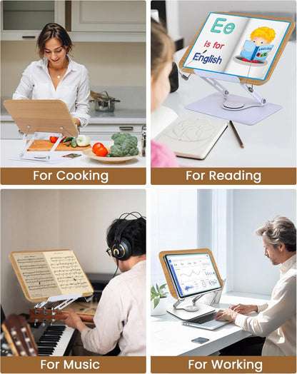 ASIEIT Desk Clamp Book Stand, Aluminum Book Holder Adjustable Height & Angle, Cookbook Stand for Kitchen, Recipe Book Holder with 360° Swivel Base, Book Stand for Reading, Office, Laptop