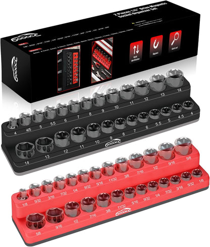 GOOACC 1/4" Magnetic Socket Organizer, 2 Pieces Socket Holder Metric SAE Socket Tray, 1/4 inch Socket Organizer Tray Holds 52 Standard Sockets for Tool Box Drawer