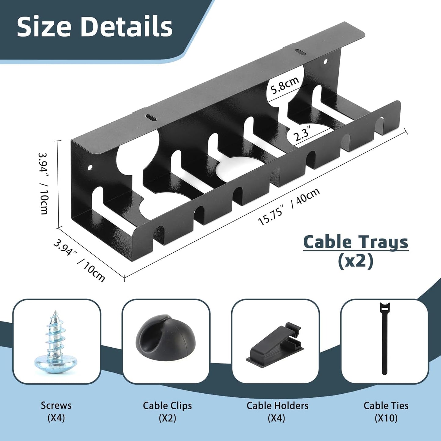 Under Desk Cable Management Tray 2 Pack White, Cable Management Under Table, Cord Organizer Tray for Wire Management, Home & Office Standing Desk Cord Organizer