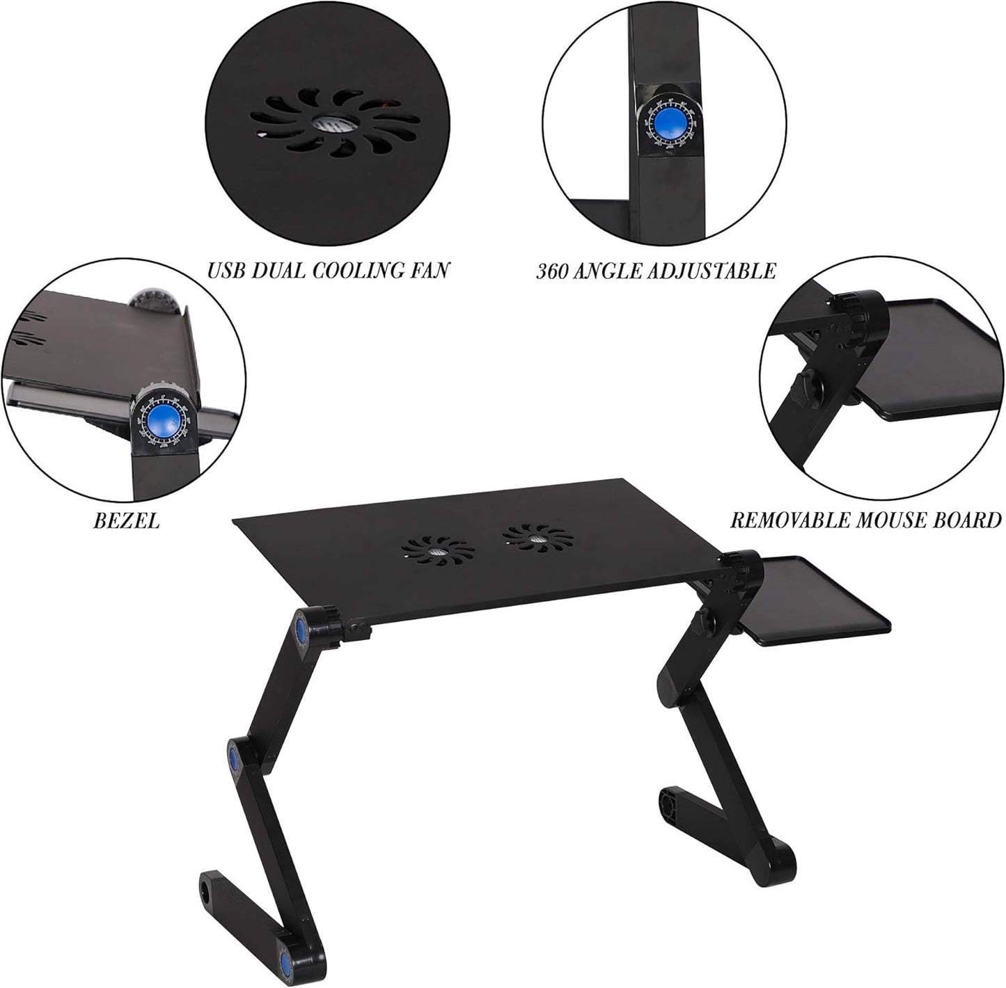 Foldable Aluminum Laptop Desk Adjustable Portable Laptop Table Stand with 2 CPU Cooling Fans and Mouse Pad Ergonomic Lap Desk for Bed and Sofa Up to 17 Inches