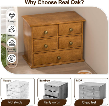 Oak Desk Organizer with Drawers, Durable Wooden Desktop Storage Box with Metal Handles & Non-Slip Silicone Pads, 4 Drawer Tabletop Organizer for Office, Bedroom, Bathroom, Vanity, and Makeup – Walnut