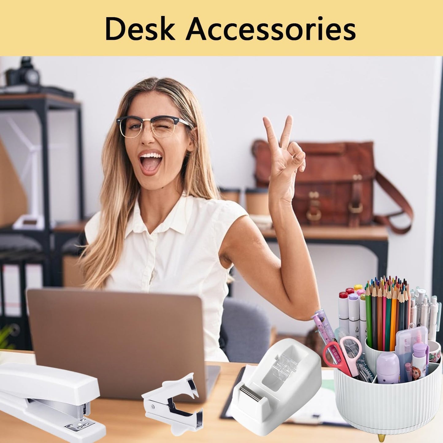 suniya Office Supplies,Gold Desk Accessories,with Stapler,Tape Dispenser,Pen Holder,Scissors,Phone Stand,Staple Remover,Ballpoint Pen,Clear Tape, Staples,Ruler,Clips,Best Gift for Business or Boss