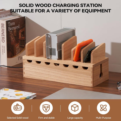 KIRIGEN Charging Station Organizer for Multiple Devices Desktop Organizer Wooden Cable Management with 7 Ports for Cell Phones, Tablets, Earphones GDXH-DBR