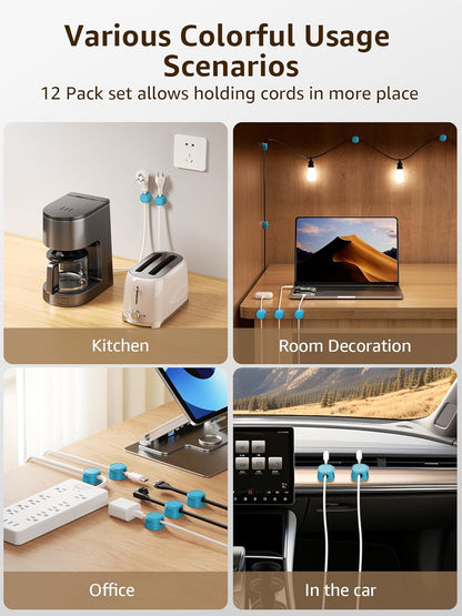 12 Pack Magnetic Cable Clips – [One-Snap Lock] Phone Cord Holder for Desk, Adhesive Magnetic Cord Organiser for Nightstand, Wall, Car – Under Desk Cable Management for Office, Home