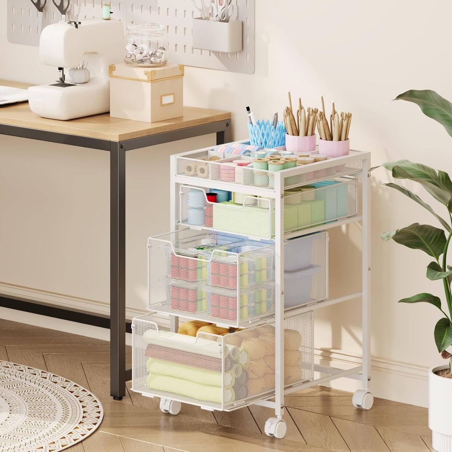 Rolling Utility Cart with 3 Drawers, Craft Organizer and Storage with DIY Divider, Lockable Wheels, Multi-Functional Storage for Art Supplies, Store for Brushes & Paints & Small Parts(Patent Pending)