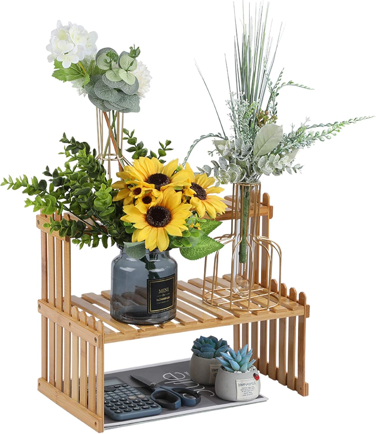 GURECOD 14.6"/18.5" 2 Tiers Bamboo Plant Stand Shelf,Desk Flower Pot Holder,Adjustable Desktop Shelf Display Organizer Ladder Rack for Office Decorate Storage Rack,Kitchen Rack (14.6" Length)