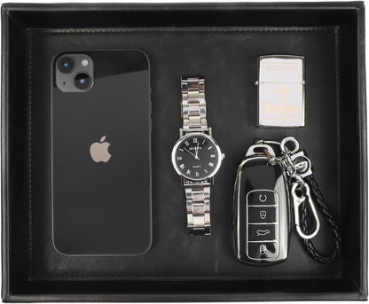 Leather Valet Organizer for Men – Black Catchall for Wallet, Keys, EDC, Jewelry, and Perfume – Nightstand, Dresser, and Bathroom Vanity Storage