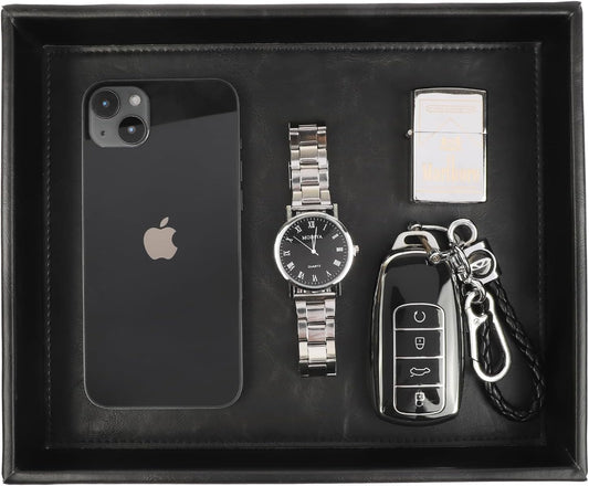 Leather Valet Organizer for Men – Black Catchall for Wallet, Keys, EDC, Jewelry, and Perfume – Nightstand, Dresser, and Bathroom Vanity Storage
