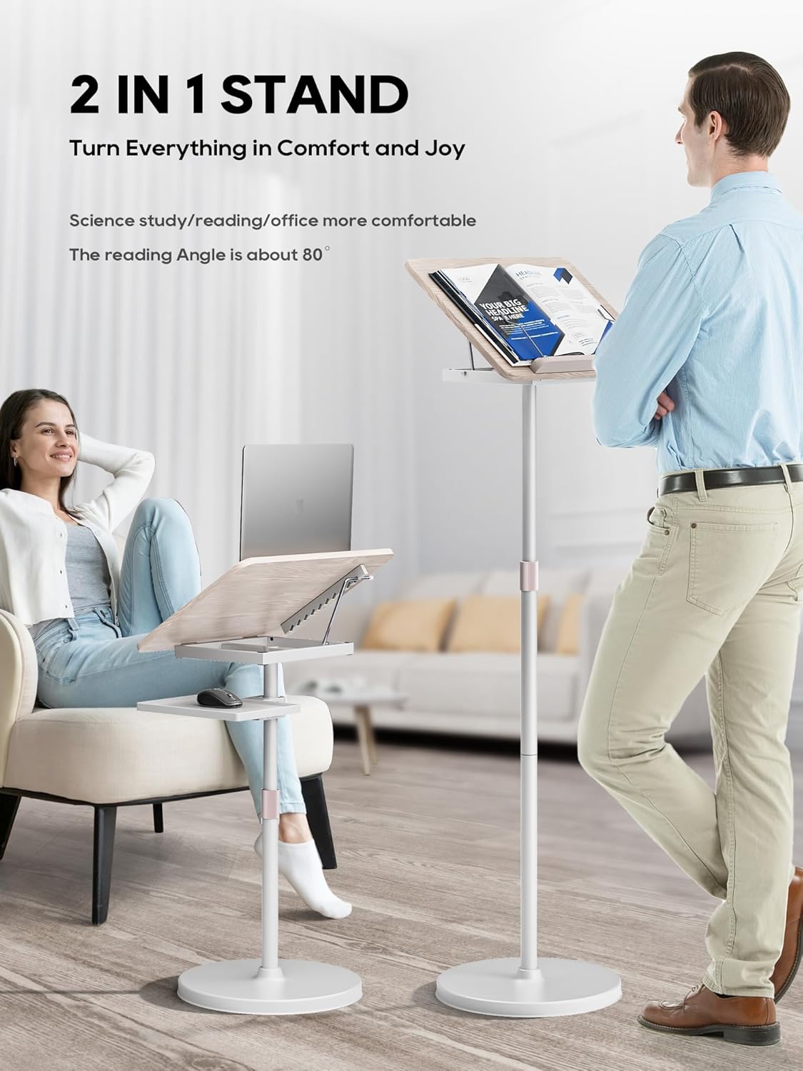 2 in 1 Adjustable Book Stand - Dual-Use Floor and Desktop Book Holder Stand, Height Adjustable 23.5-52 in, Elastic Page Clips for Music Sheet, Recipe, Tablet, Laptop-Black