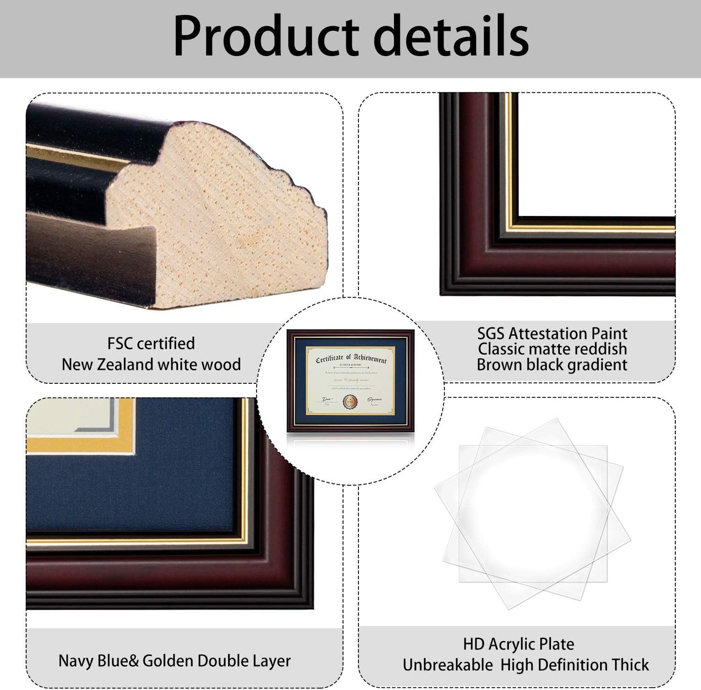 ELSKER&HOME Diploma Frame - Wide Solid Wood Frame - Black Velvet Golden Rim Mat - Semi-Tempered Glass - Includes Hanging Hardware and Desktop Easel(ONLY Display 11×14 Document/Certificate)
