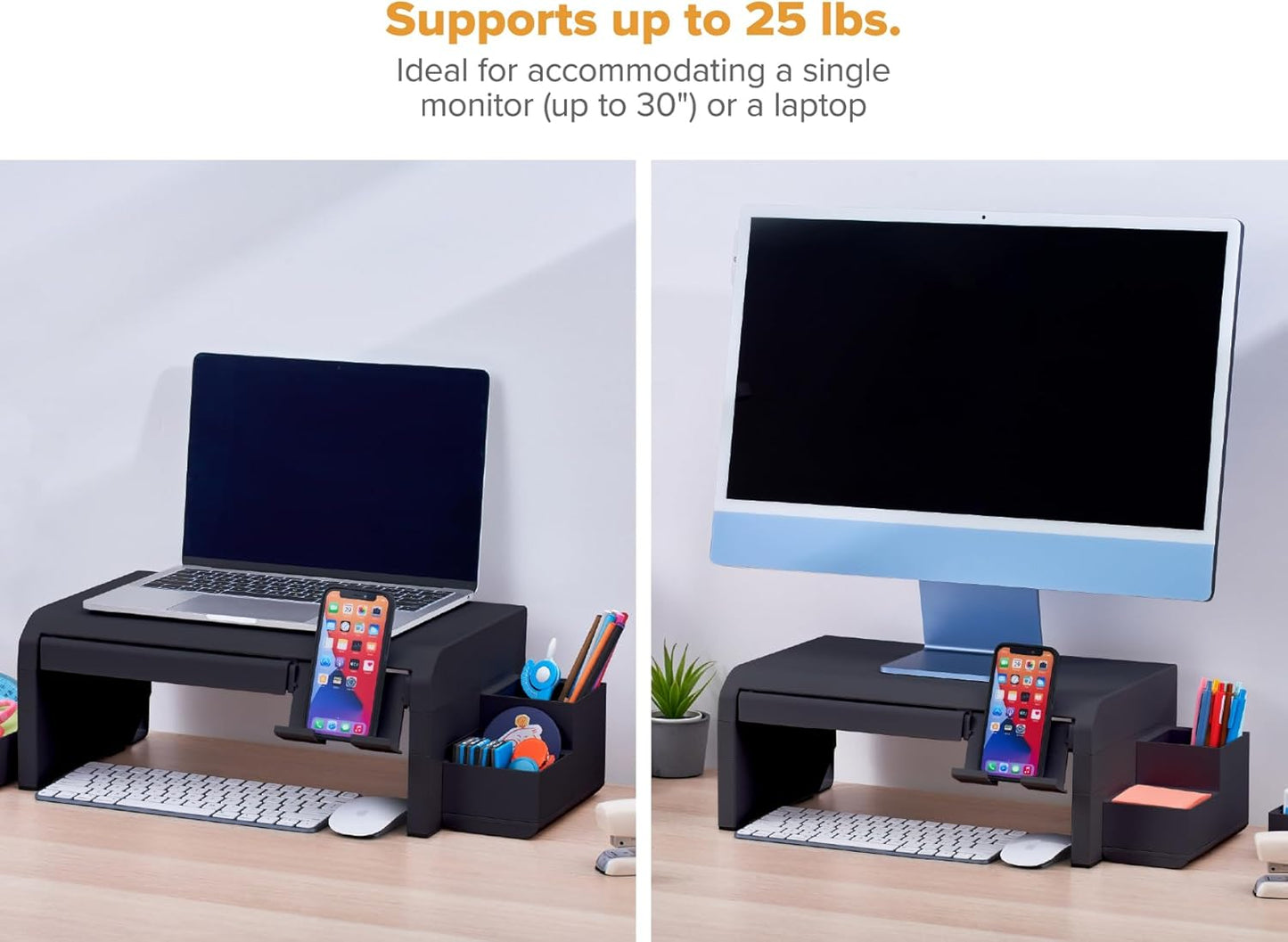 Bostitch Office Konnect Adjustable Monitor Stand Riser, 4 Height Adjustments, Built-In Cable Management, Rubber Feet - Black