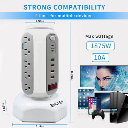 Flat Plug Total Fast Charging Station, Protector with 15 AC Outlets and 6 USB Ports (2 Fast Charge), Tower Surge Protector Power Strip, 6.5FT Extension Cord for Home Office Dorm Room.